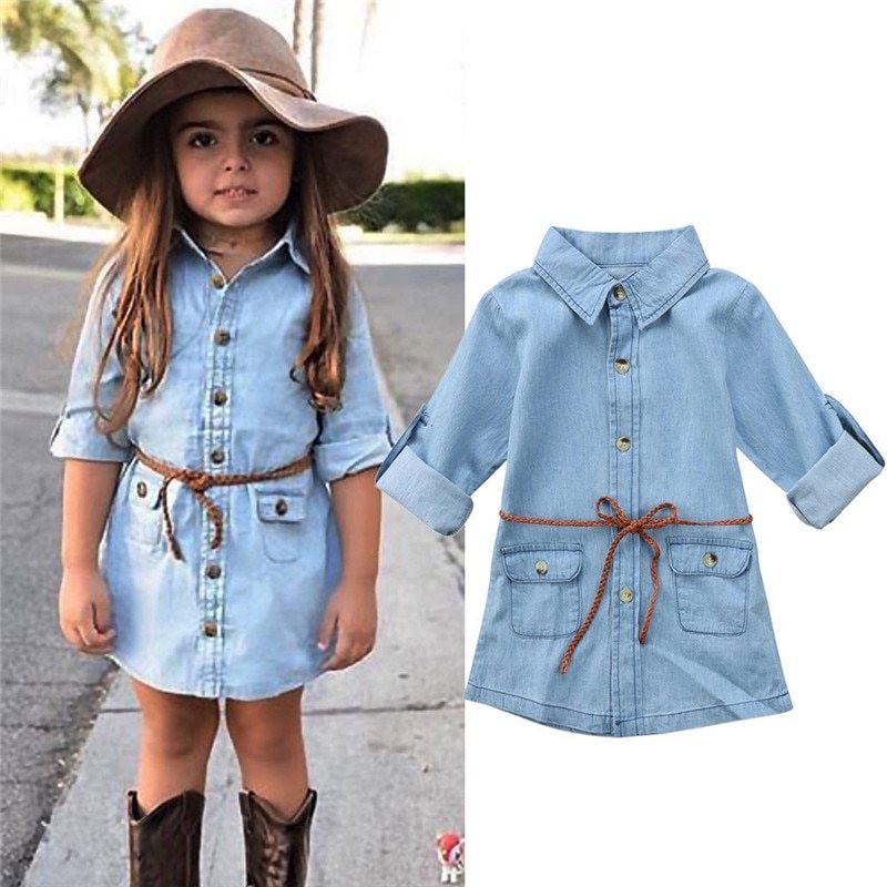 Botão para cima camisa manga longa - mini vestido denim para meninas