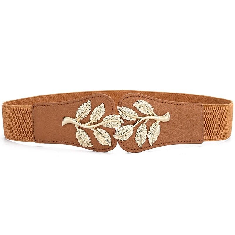 Fashionable elastic wide belt - leafs emblem buckleBelts