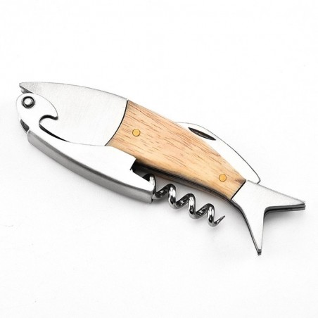 Corkscrew / abridor de garrafa com alça de madeira - forma de peixe