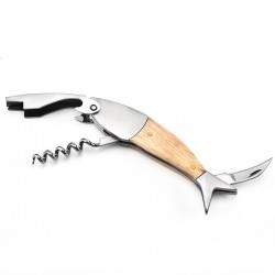 Corkscrew / abridor de garrafa com alça de madeira - forma de peixe