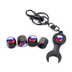Logotipo da bandeira russa - tampas da válvula do carro com chaveiro e chaveiro - 4 peças