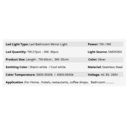 Moderno banheiro espelho luz com interruptor - Lâmpada LED - aço inoxidável - impermeável - 220V - 7W - 9W