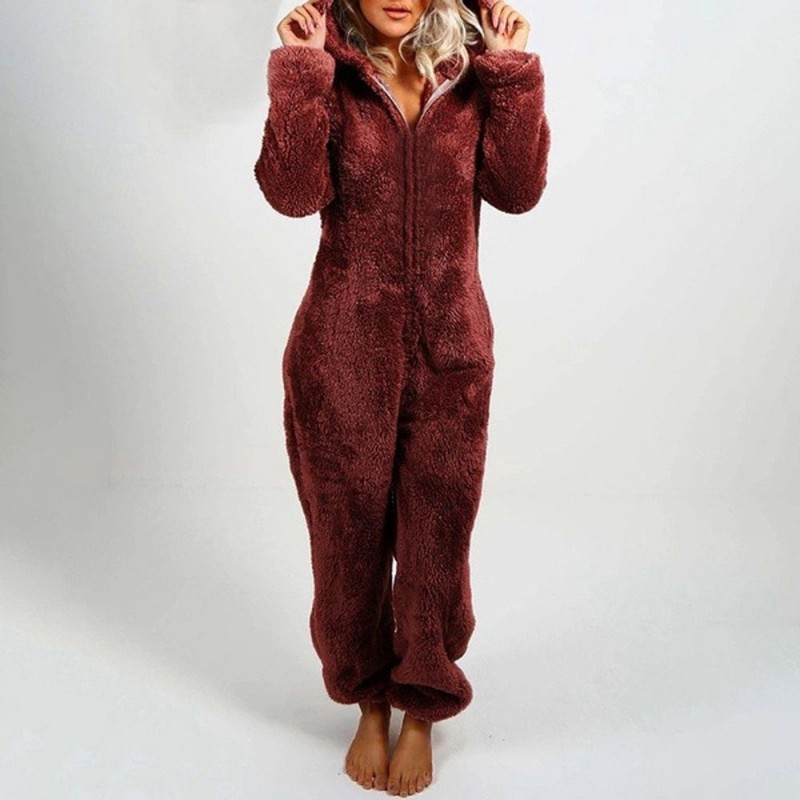 Plush romper with hoodie and zipper - winter pyjamaWomen's fashion