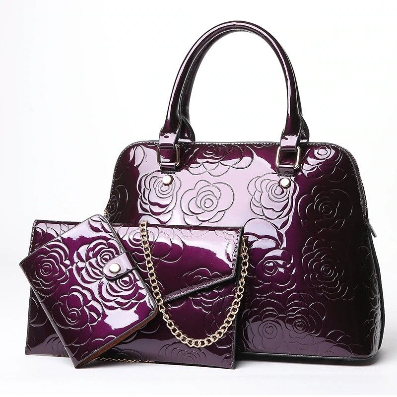 Leather handbag - crossbody - small purse - flowers print - 3 pieces set