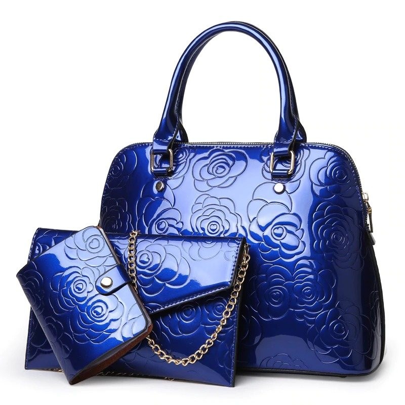 Leather handbag - crossbody - small purse - flowers print - 3 pieces set