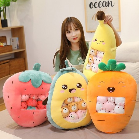 Plush cushion with small toys - transparent pocket - strawberry - avocado - banana - carrot