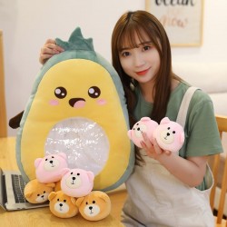 Plush cushion with small toys - transparent pocket - strawberry - avocado - banana - carrot