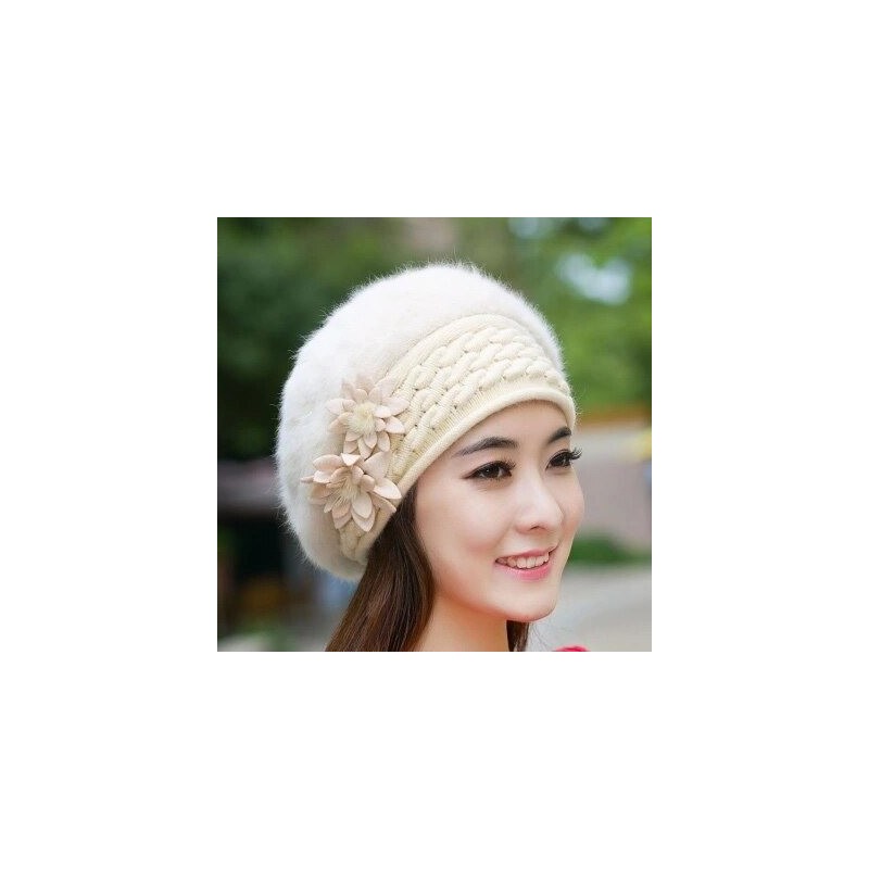 Knitted beret - a warm fur hat with decorative flowersHats & Caps