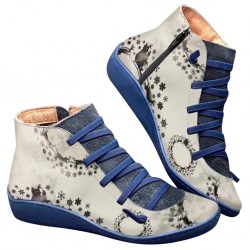 Retro botas de renda - plana - zíper lateral - couro