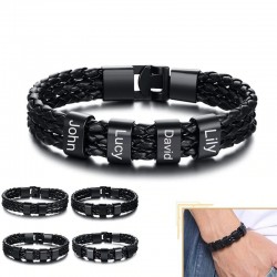 Pulseira de couro trançado - encantos de aço inoxidável - nomes feitos sob encomenda