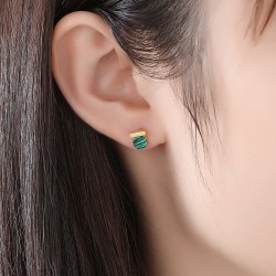 Elegant round stud earrings - with green malachite - 925 sterling silver