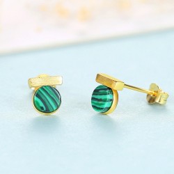 Elegant round stud earrings - with green malachite - 925 sterling silver