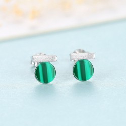 Elegant round stud earrings - with green malachite - 925 sterling silver