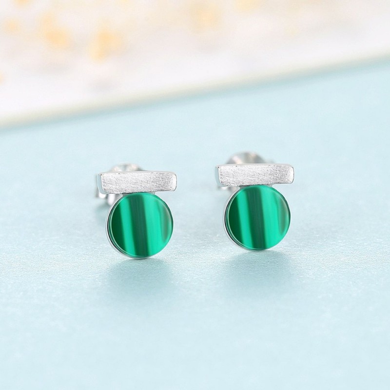 Elegant round stud earrings - with green malachite - 925 sterling silver