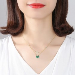 Gold necklace with malachite & zircons - double chain - 925 sterling silver