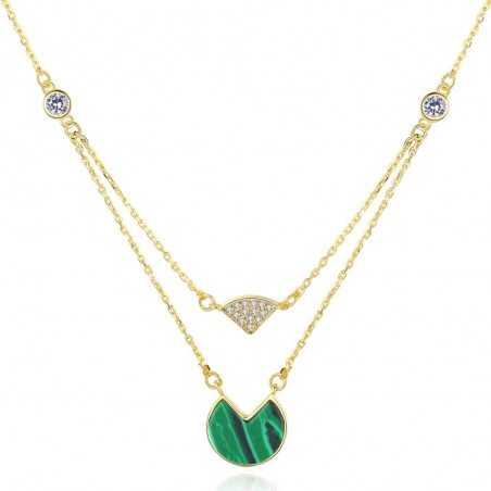 Gold necklace with malachite & zircons - double chain - 925 sterling silver