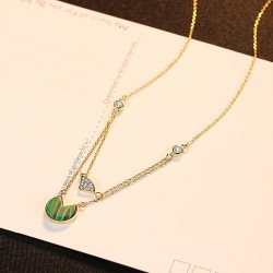 Gold necklace with malachite & zircons - double chain - 925 sterling silver