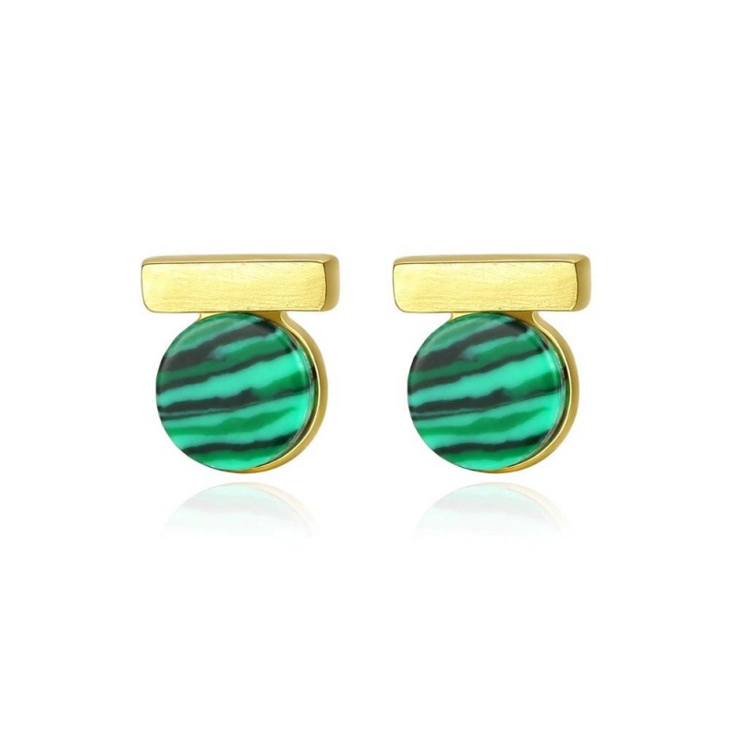 Elegant round stud earrings - with green malachite - 925 sterling silver