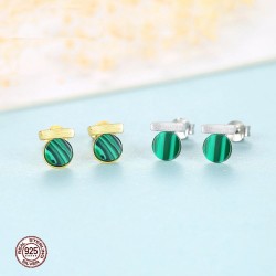 Elegant round stud earrings - with green malachite - 925 sterling silver