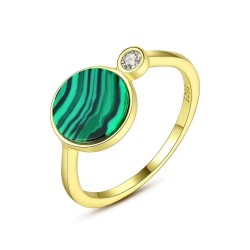 Fashionable gold ring with green malachite & crystal - 925 sterling silver