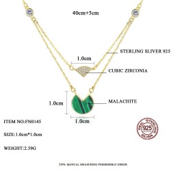 Gold necklace with malachite & zircons - double chain - 925 sterling silver