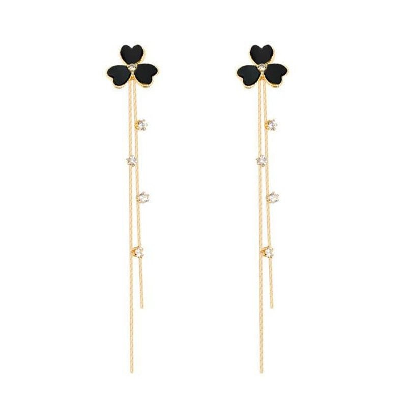 Black clover with crystals - double chain - long earrings