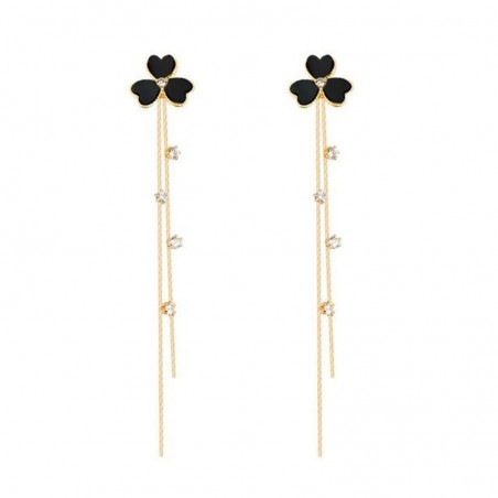 Black clover with crystals - double chain - long earrings
