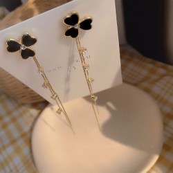 Black clover with crystals - double chain - long earrings