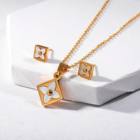 Jewellery set - necklace & earrings - square pendant - flowers with white shell