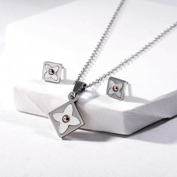 Jewellery set - necklace & earrings - square pendant - flowers with white shell