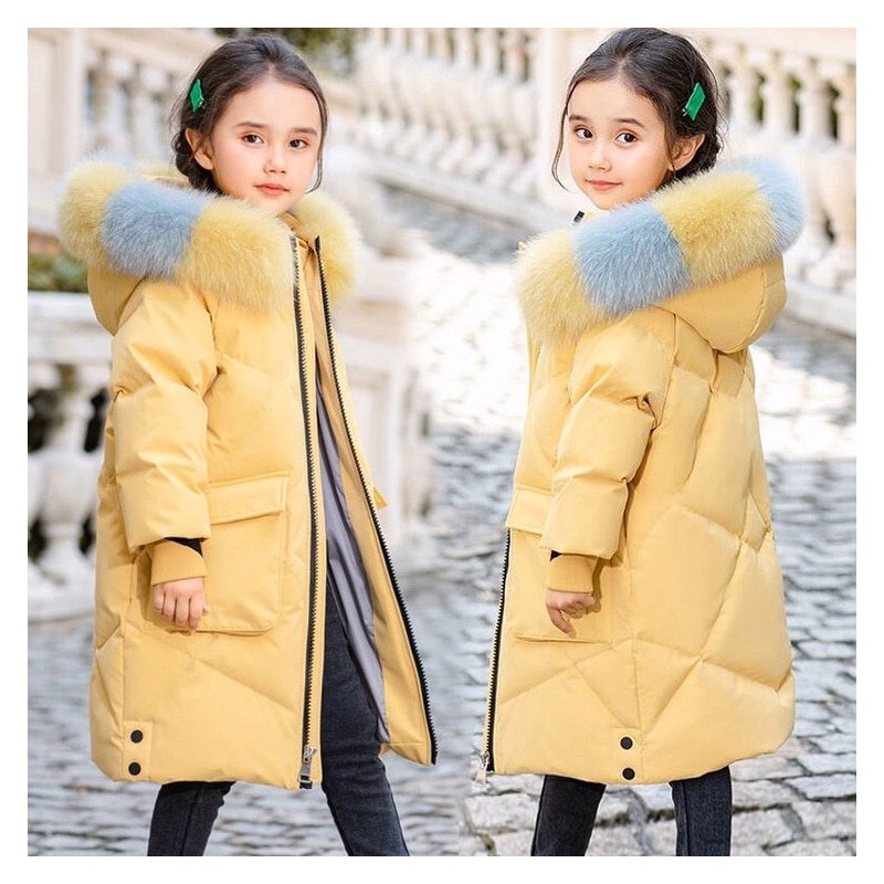 Padded cotton long jacket - with a colorful fur hood - for girlsClothing