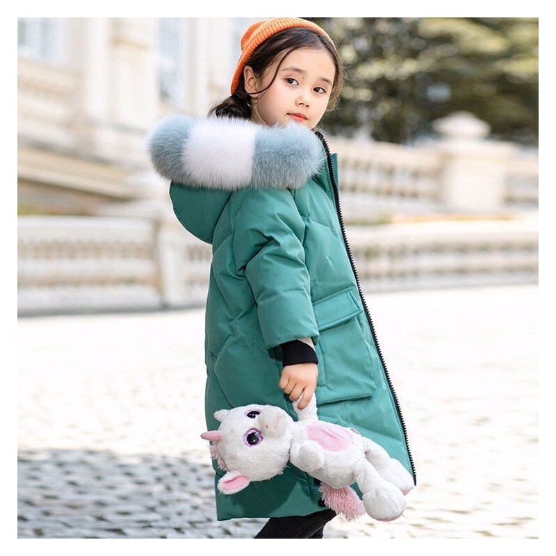 Padded cotton long jacket - with a colorful fur hood - for girlsClothing