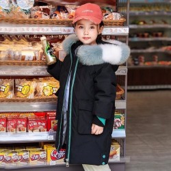 Padded cotton long jacket - with a colorful fur hood - for girlsClothing
