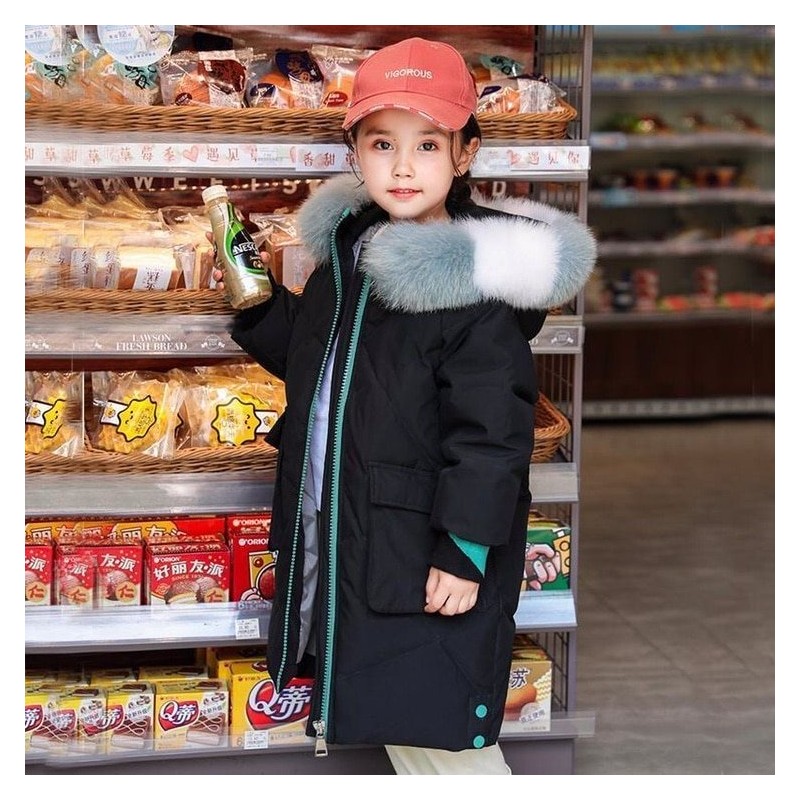 Padded cotton long jacket - with a colorful fur hood - for girlsClothing