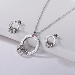Round earrings & necklace - with mini rings decoration - red & green enamel - jewellery set