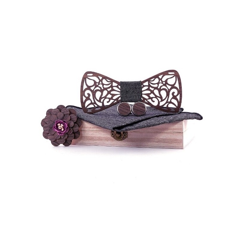 Cufflinks - lapel flower - handkerchief - bow tie - neckband strap - wooden set