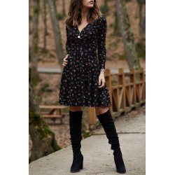 Mini loose dress - long sleeve - v-neck - vintage floral print
