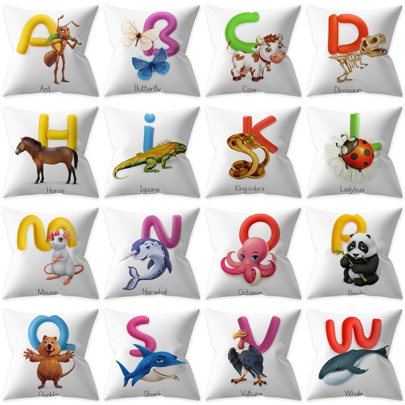 Cushion cover - single-sided - English alphabet with animals - 45 * 45cm