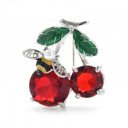 Double crystal cherries with a bee - broochBrooches