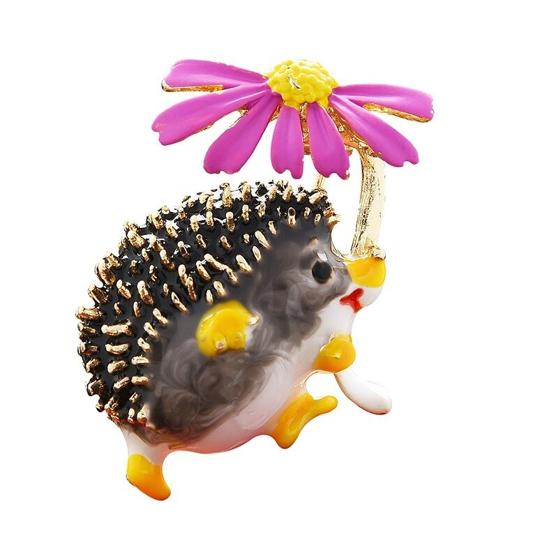 Hedgehog with a flower - brooch