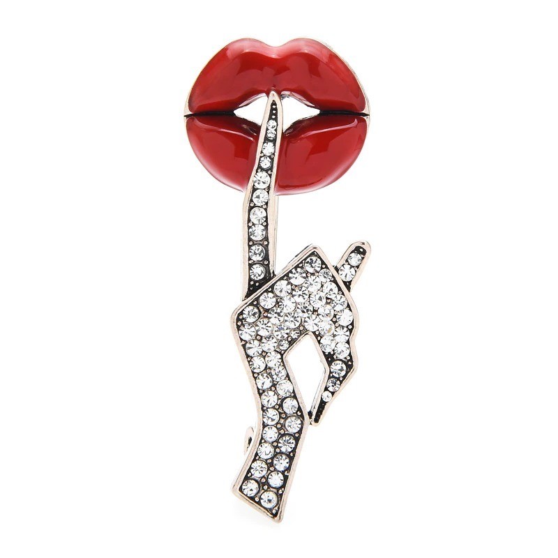 Crystal hand with red lips - sexy brooch