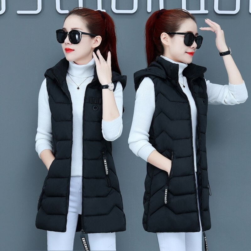 Warm sleeveless jacket - long hooded vest with zipper
