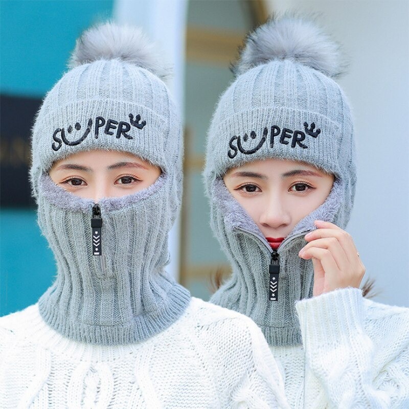 Winter hat with a pompom - balaclava with a zipper