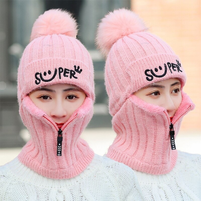 Winter hat with a pompom - balaclava with a zipper