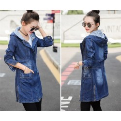 Trendy denim long jacket - with hood - zipper - pocketsJackets
