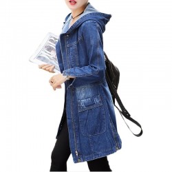 Trendy denim long jacket - with hood - zipper - pocketsJackets