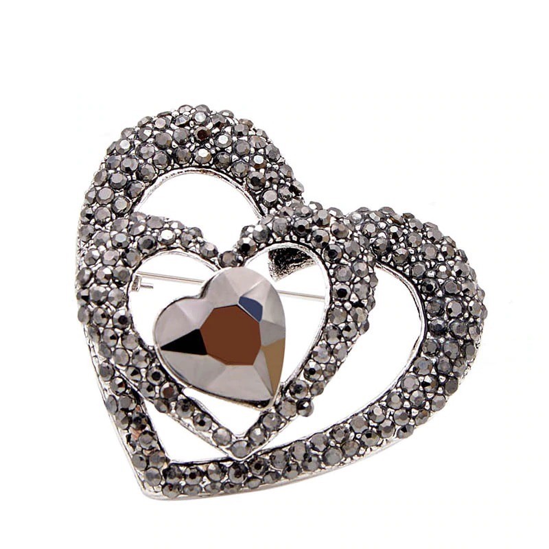 Black heart shaped brooch - with crystal