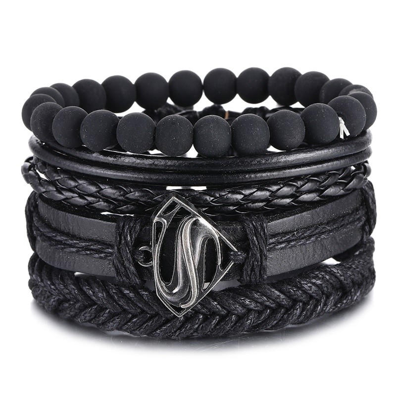 Vintage multi-layer bracelet - with metal / beads decorations - leather - unisex