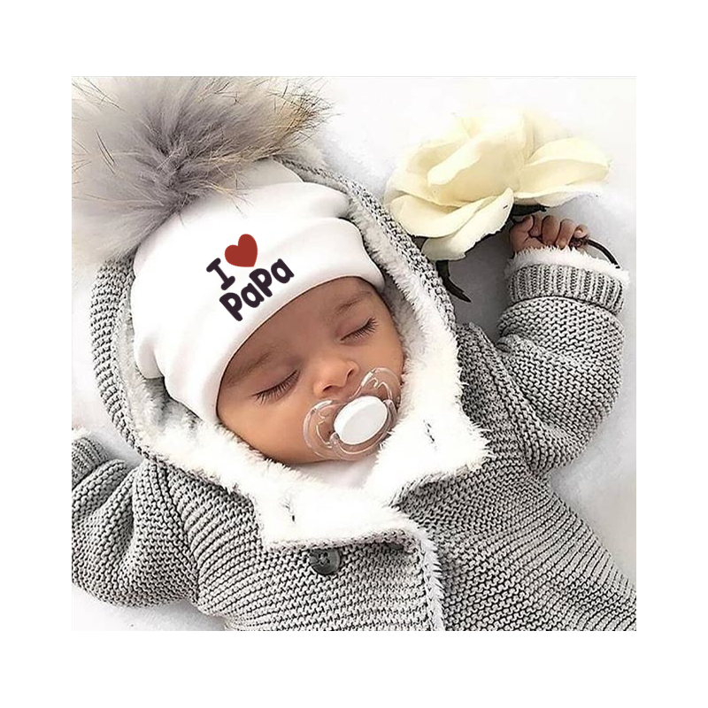 I Love Mama & Papa - warm cotton hat with pom pom - for newborns / kids