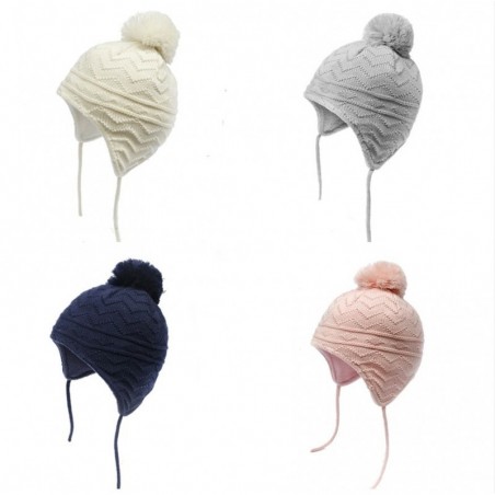 Knitted beanie - with ears protection / pom pom - for girls / boys